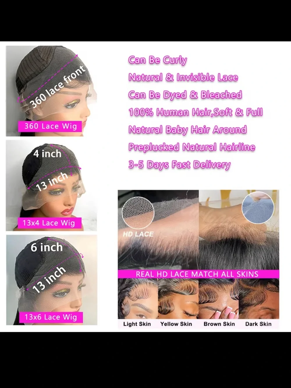Human Curly Lace Front Wig with Baby Hair - Black